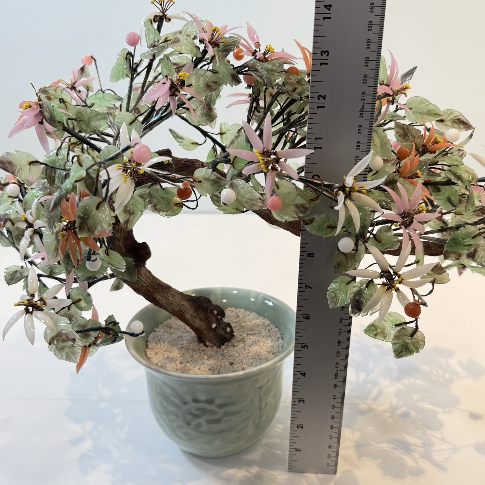 Chinese Glass Bonsai Cherry Blossom Tree 14”T x 18”L Art Decor Vintage SPRING