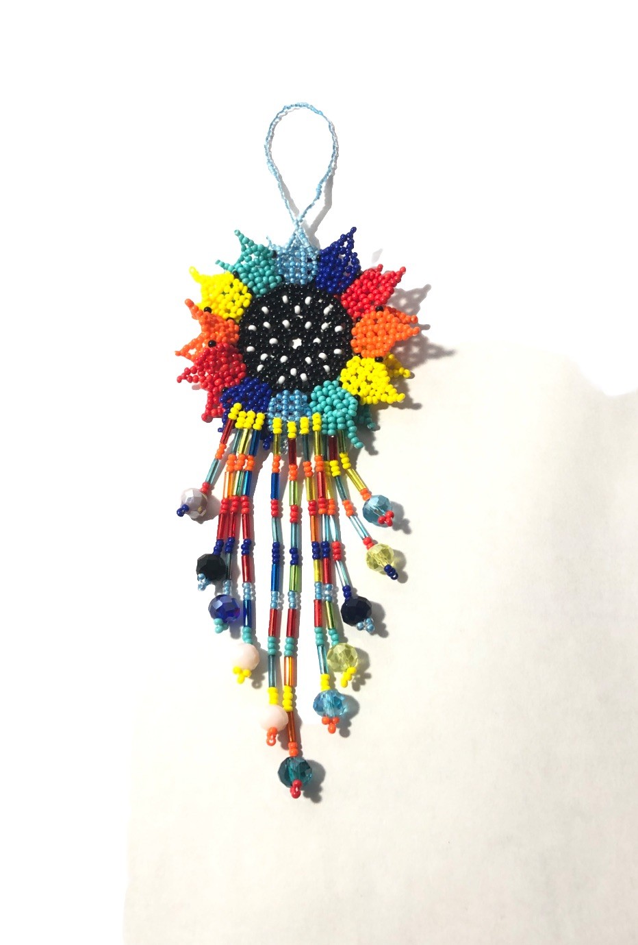 Hand Made Beaded Colorful Mexican Sunflower 5” Seed Bead Dangle Charm Ornament.