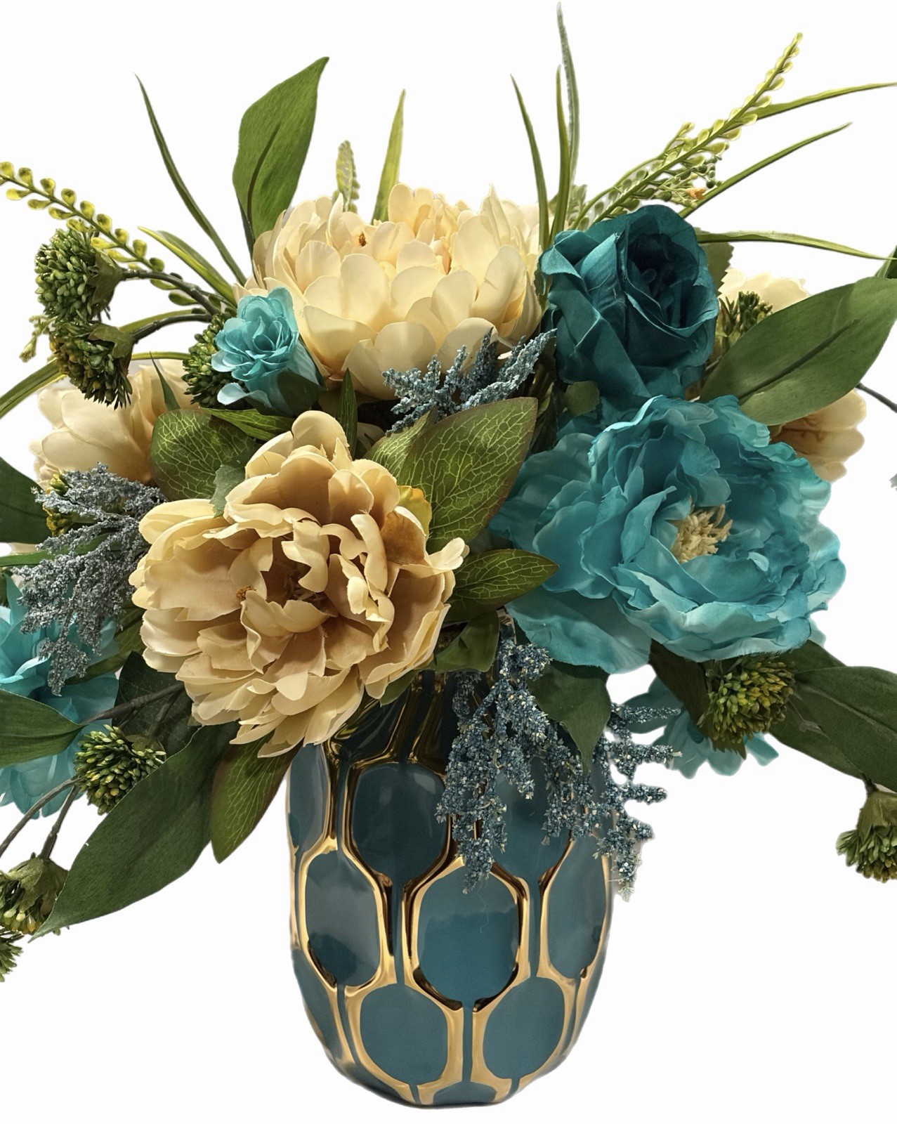 Floral Arrangement Turquoise And Ivory In Turquoise & Gold Vase Modern 18”x16”