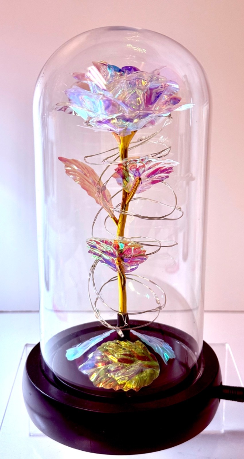 REVOLVING / MULTI-COLOR CHANGING LED LIGHT UP ROSE UNDER GLASS DOME