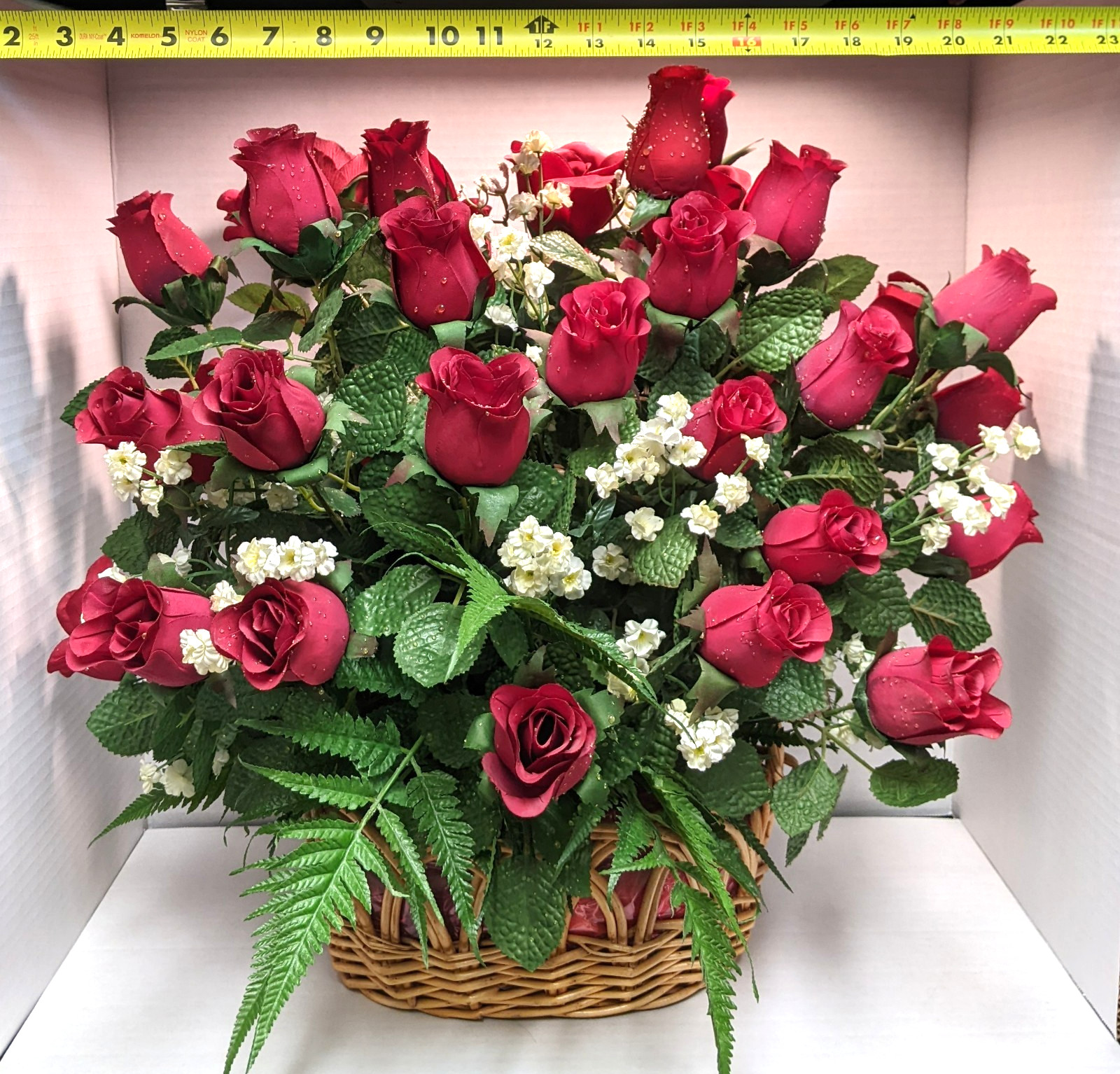 Genuine Silk Roses Large Artificial Floral Basket Arrangement Fake Flowers Red