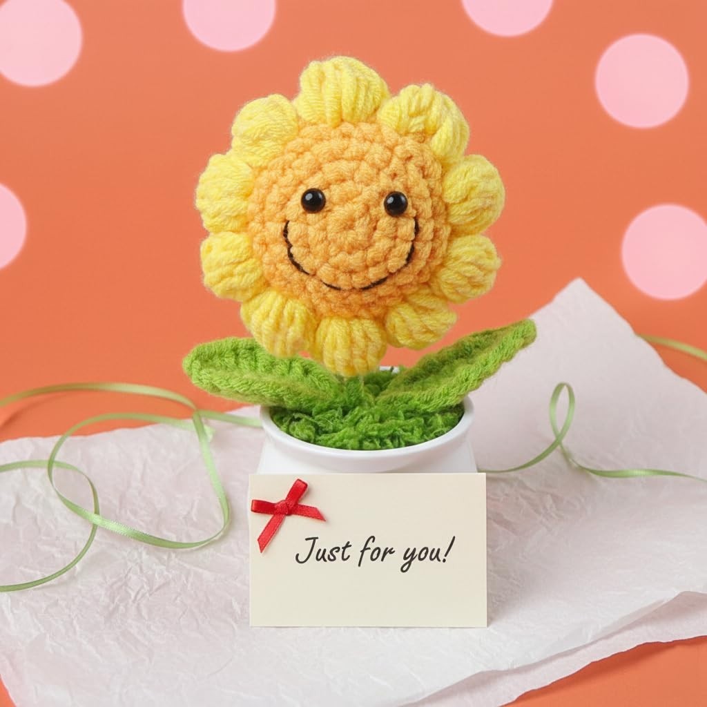 13CM Handmade Crochet Smiling Flower Pot Yellow | Cute Desk Décor Showpiece |