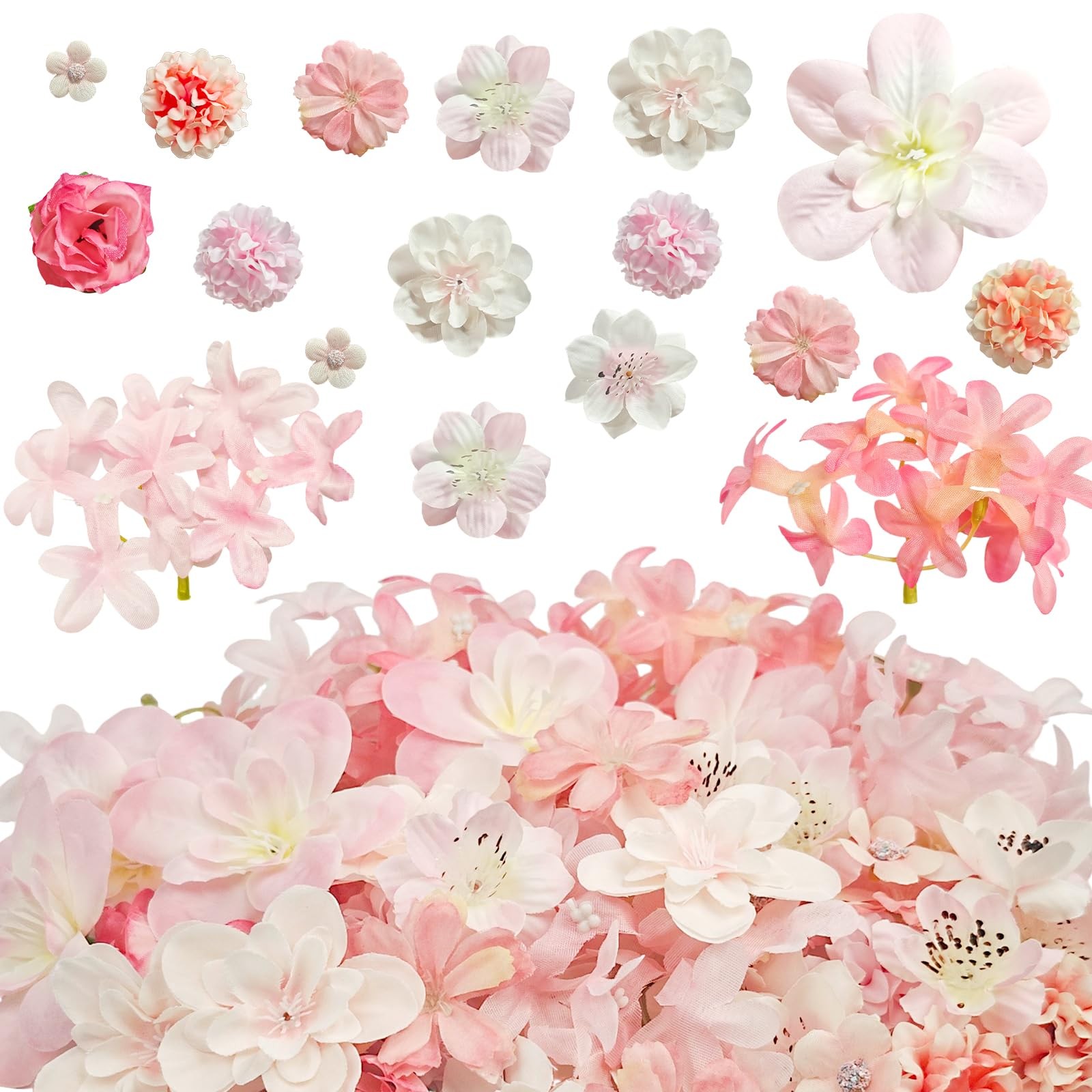 70 PCS Pink Silk Artificial Faux Fake Daisy Rose Peony Mix Flower Head Bulk