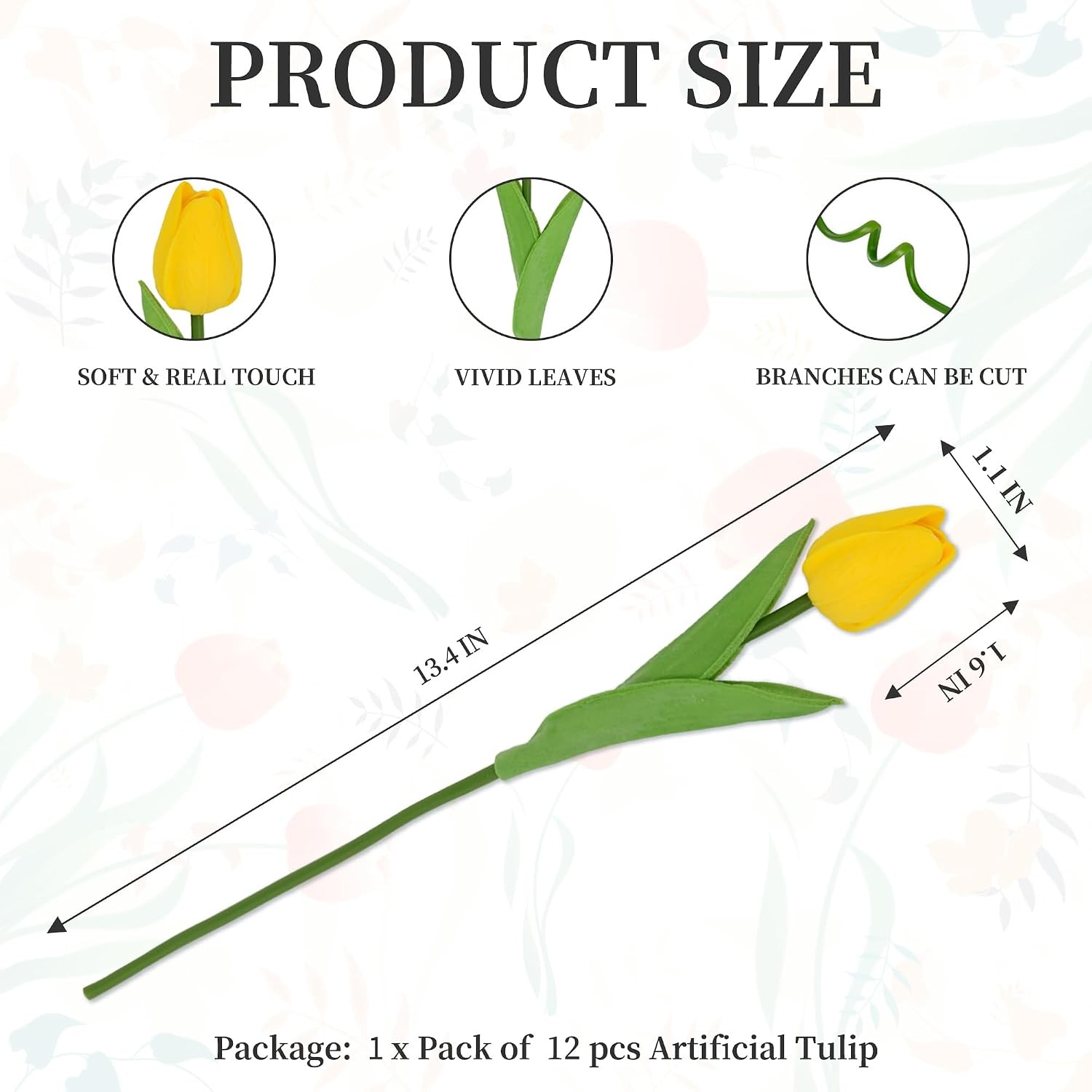 12pcs Yellow Tulips Artificial Flowers, 13.4″ PU Flowers Fake Tulips for Spring