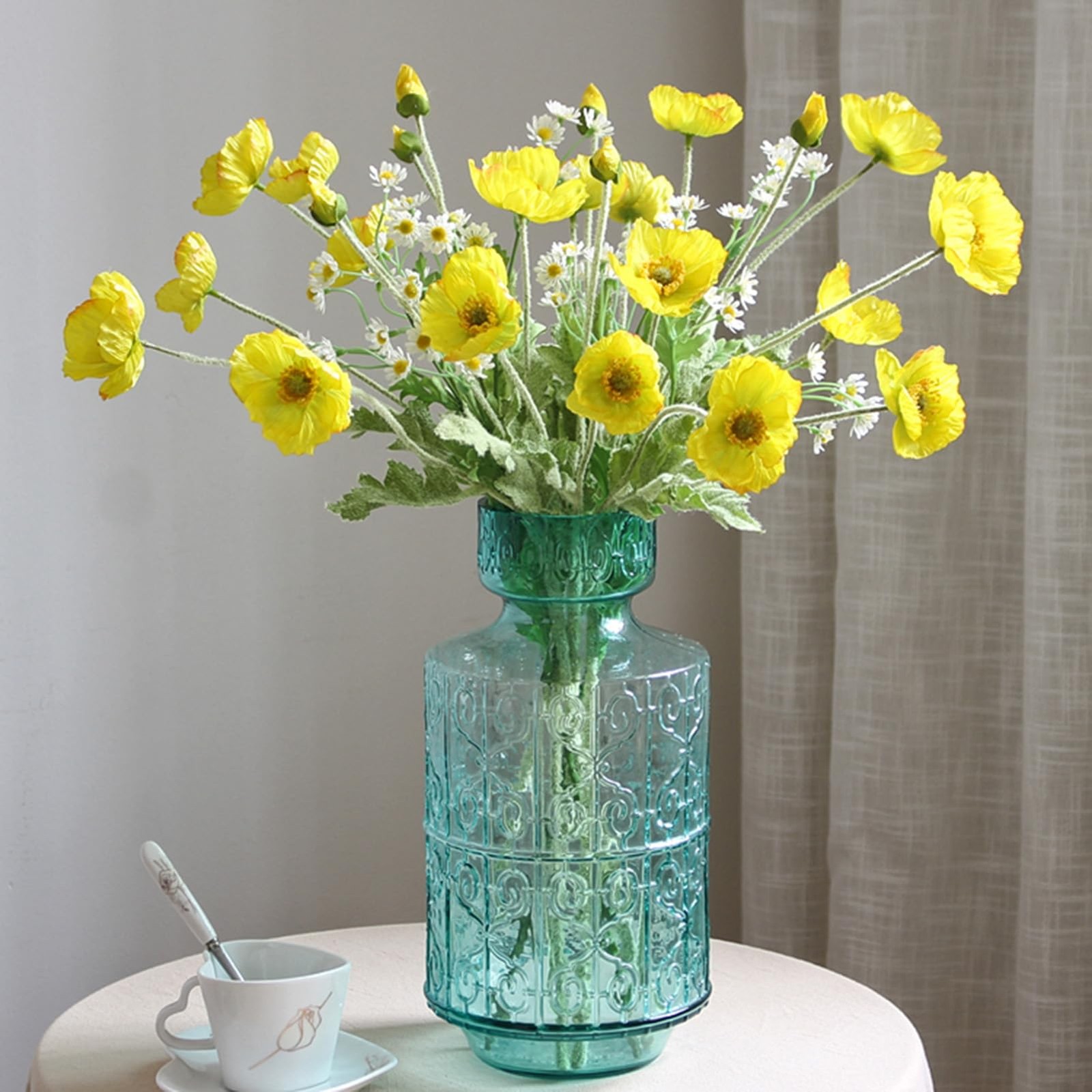 2 PCS Artificial Fake Poppies Silk Flower Bouquets 23.6 Inch Yellow Decor
