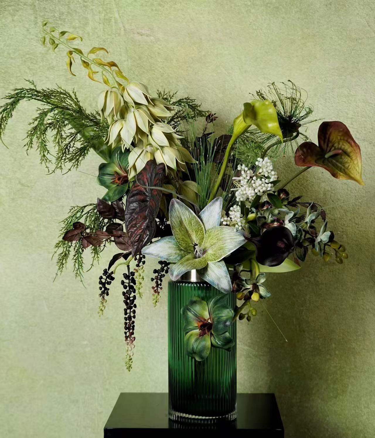 Luxury Green Botanical Floral Arrangement Designer Faux Flower Centerpiece