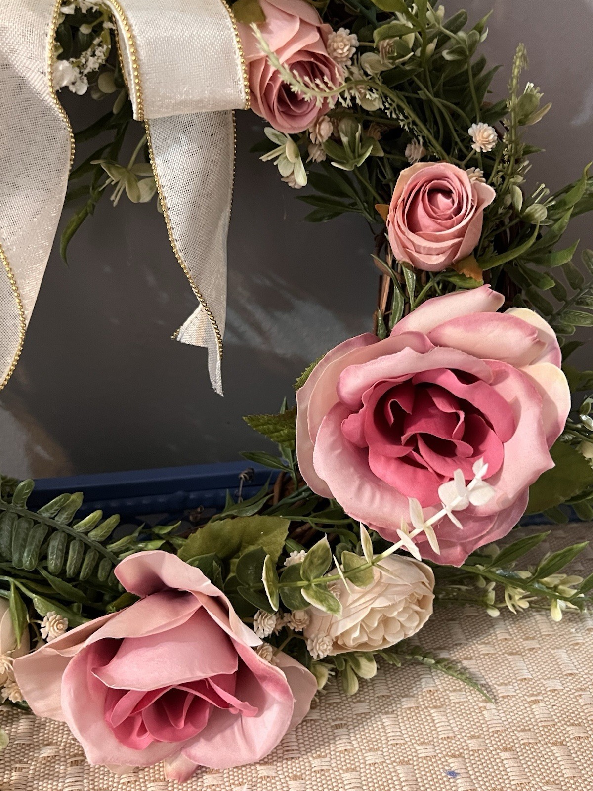 Cottagecore Pink Rose Wreath & Floral Arrangement Set, Girls Room Decor