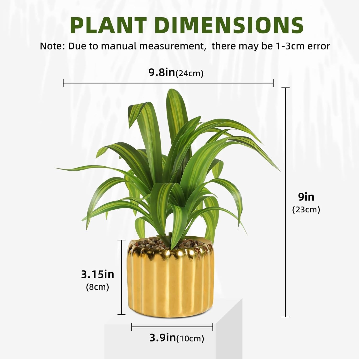 9″ Artificial Dracaena Plant with Textured Leaves Golden Ceramic Pot Realistic F