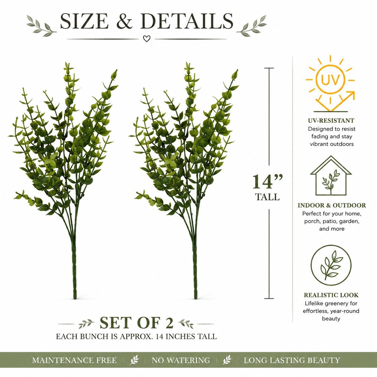 UV Resistant Faux Boxwood Eucalyptus Stems Set of 2 Artificial Greenery Bushes F