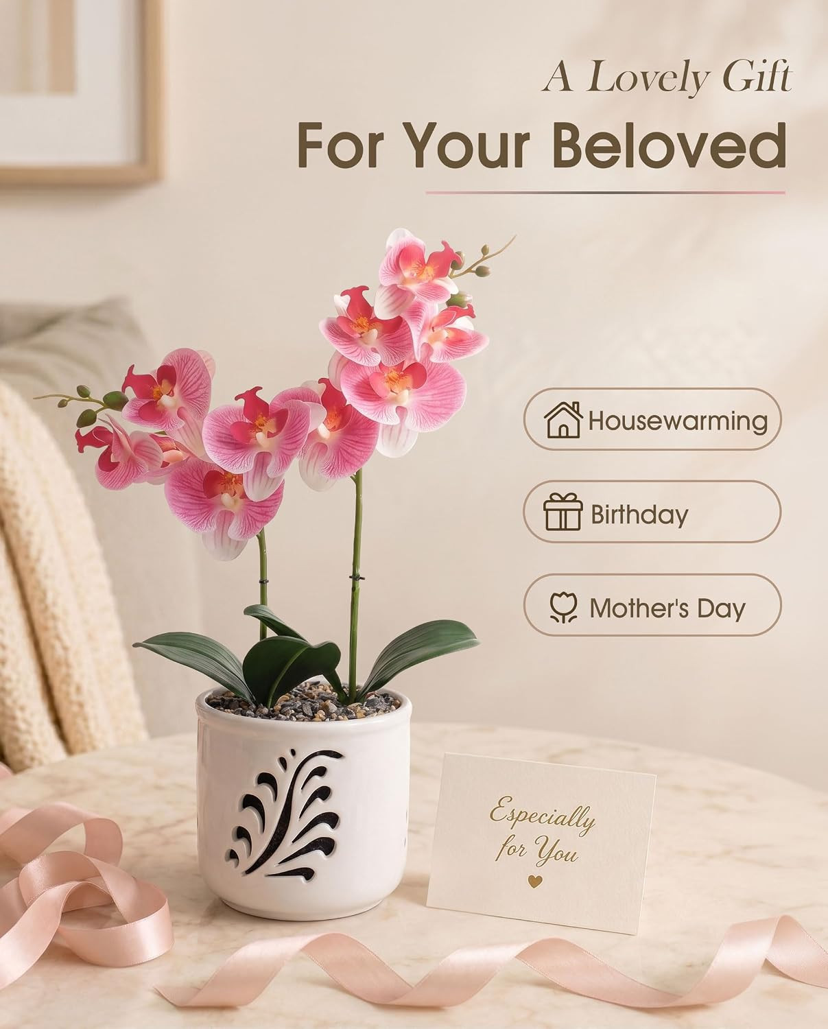 19.7″ Fake Orchid Plant in Ceramic Pot – Elegant Indoor Decor Centerpiece