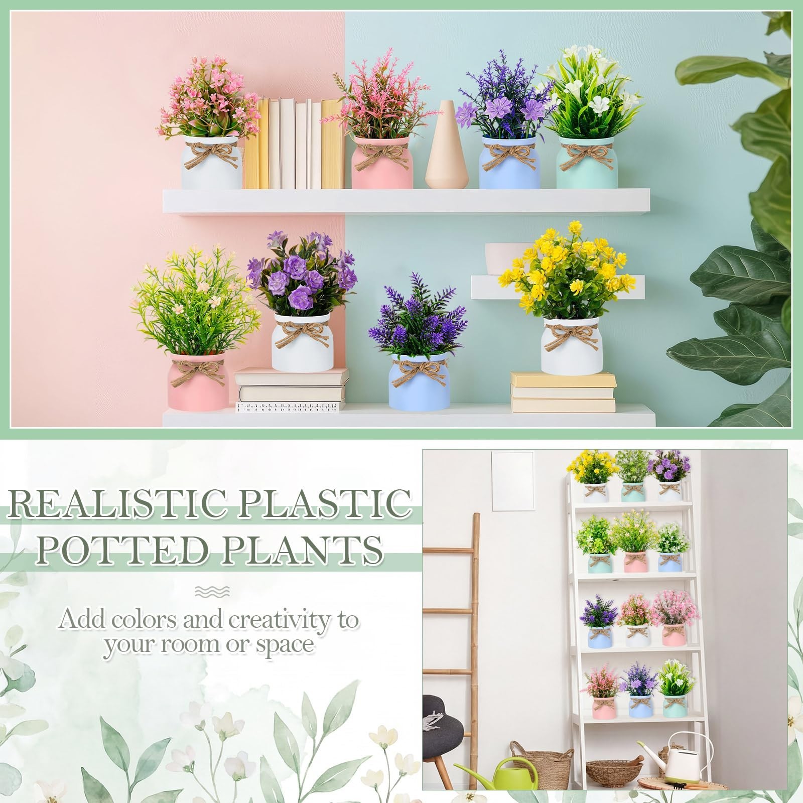 12 Pcs Mini Faux Potted Plants – Colorful Artificial Flowers for Home, Office, T