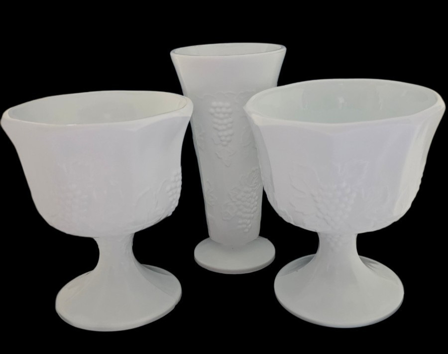 Vintage Milk Glass Lot of 3 Grape Pattern Vases & Compote Set White