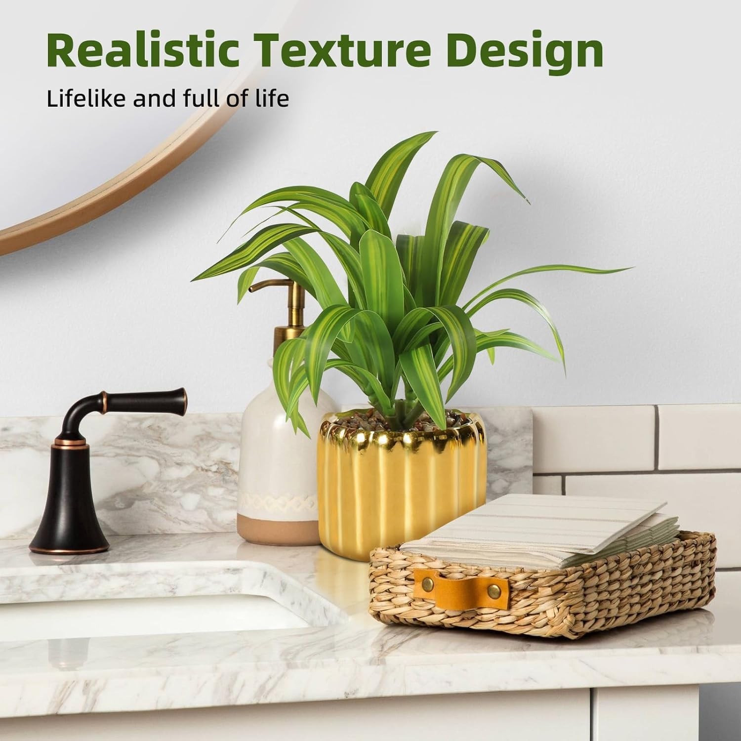 9″ Artificial Dracaena Plant with Textured Leaves Golden Ceramic Pot Realistic F