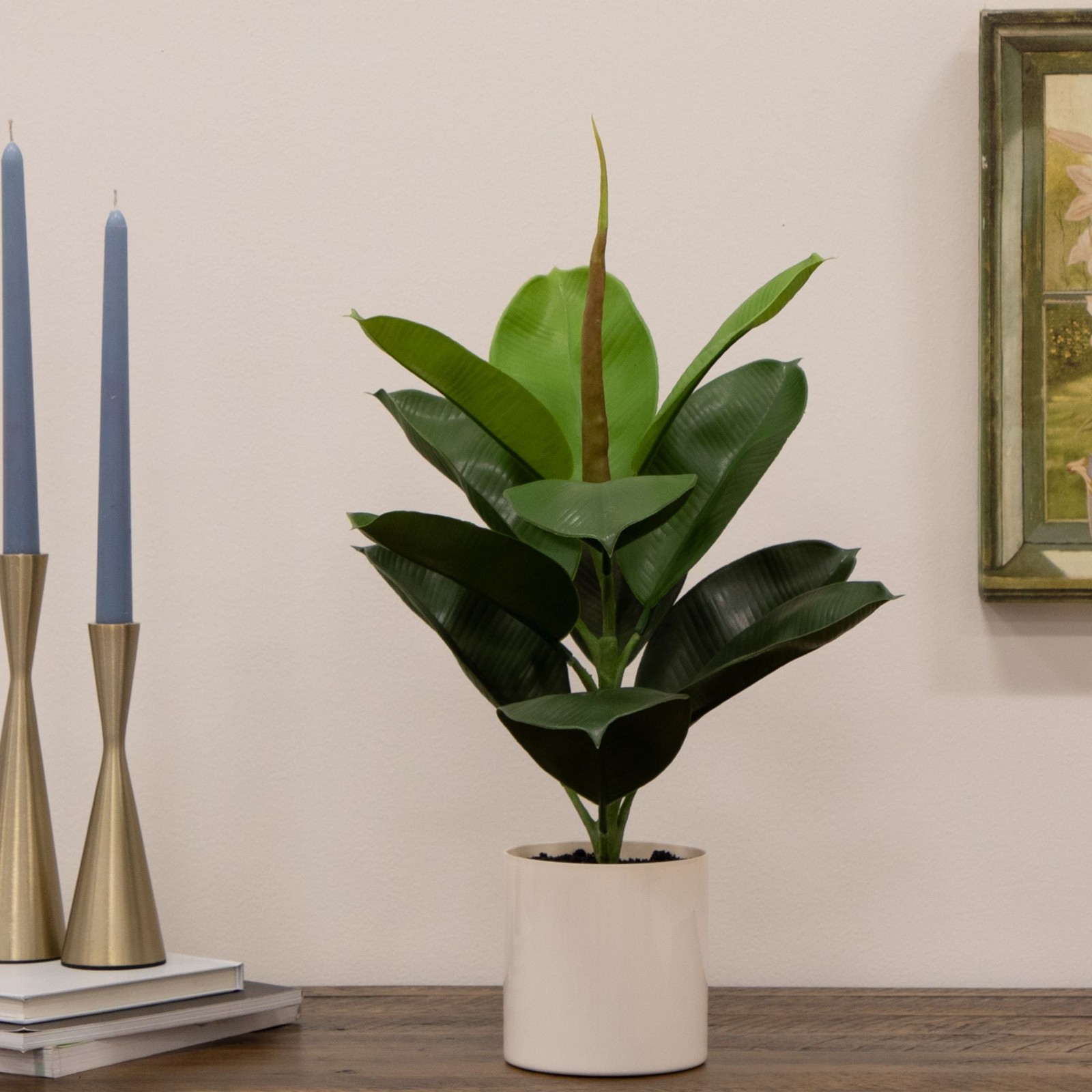 20″H Artificial Indoor Fiddle Leaf Fig Plant in Plastic Vanilla Planter
