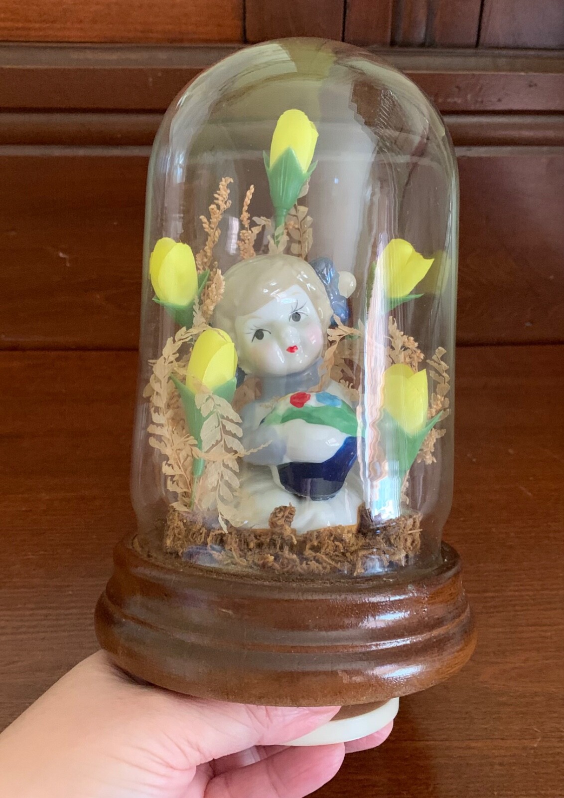 Vintage MCM Musical SpInning Floral Cloche Dome Terrarium Mid-Century Decor