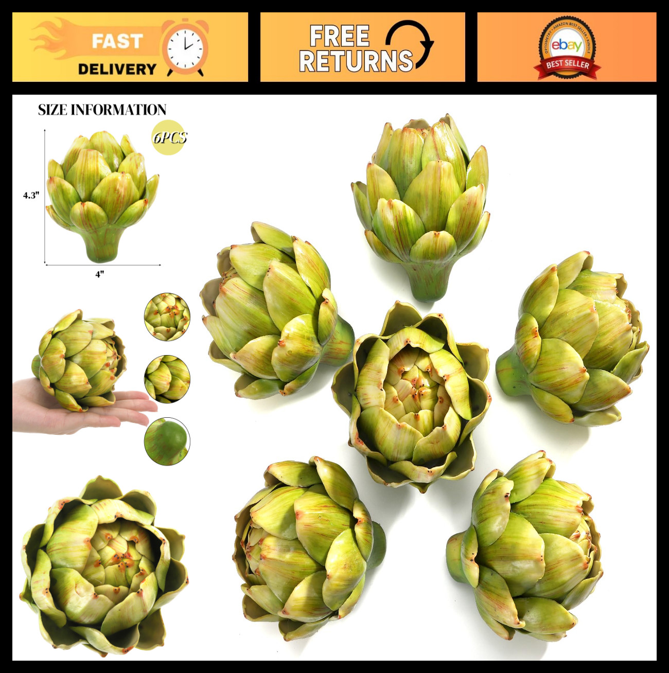 6 Pack Large Green Artificial Artichokes – Faux Vegetables for Home, Kitchen, We