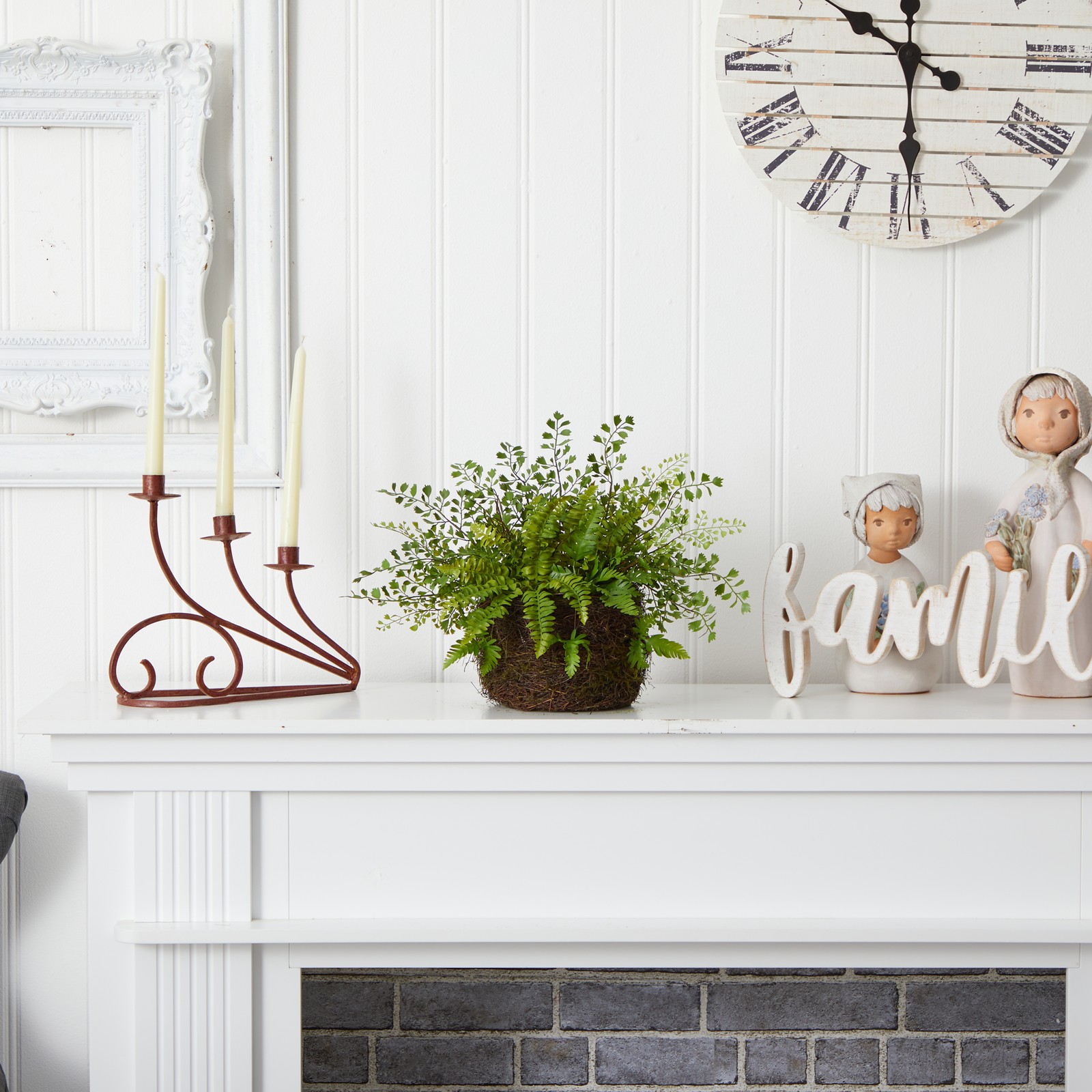 Nearly Natural Mixed Fern with Twig and Moss Basket in Green/Brown