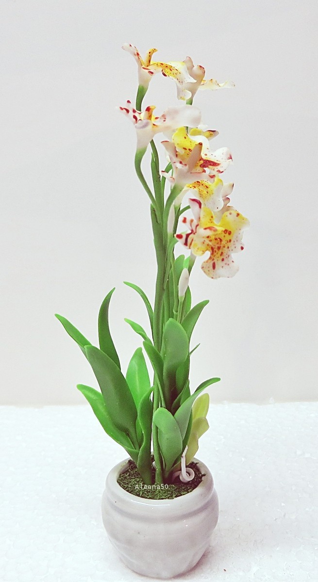 US Stock 7″H Handmade Air-Dry-Clay Miniature Dancing-Lady Orchid Arranged in Pot