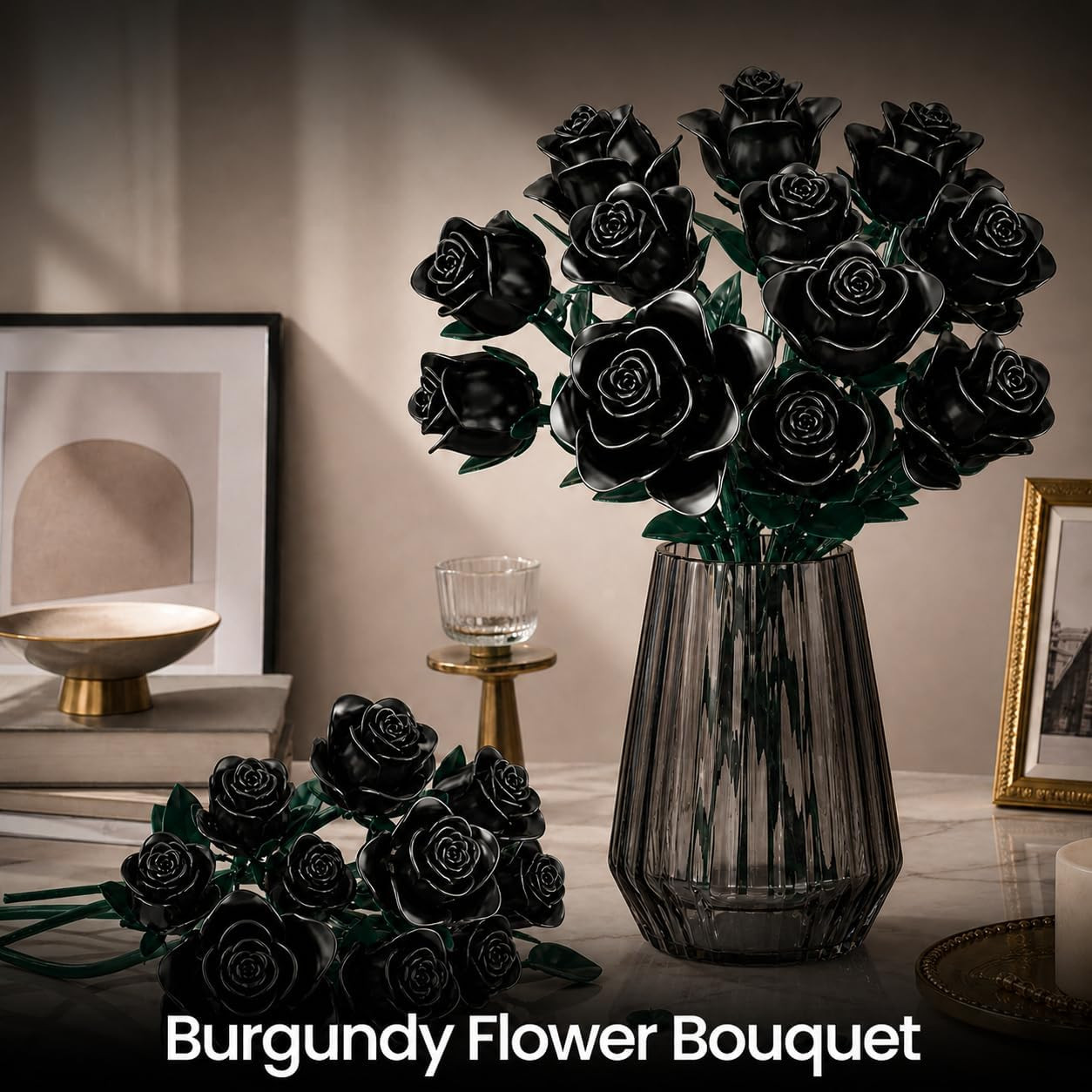 Black Roses Bouquet Building Set, 634Pcs Artificial Rose DIY Floral Home Office