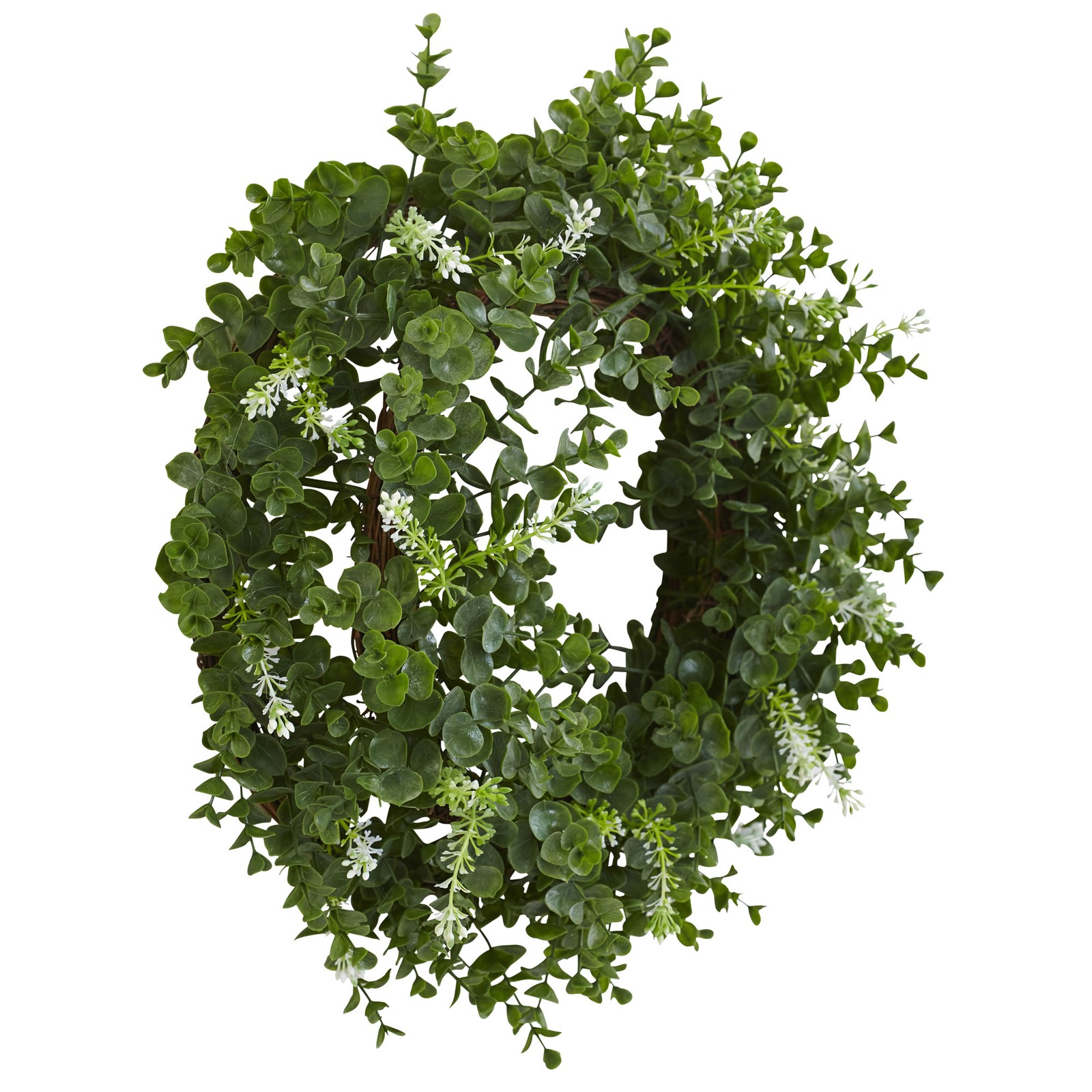 Nearly Natural 18″ Eucalyptus Double Ring Wreath with Twig Base in Green