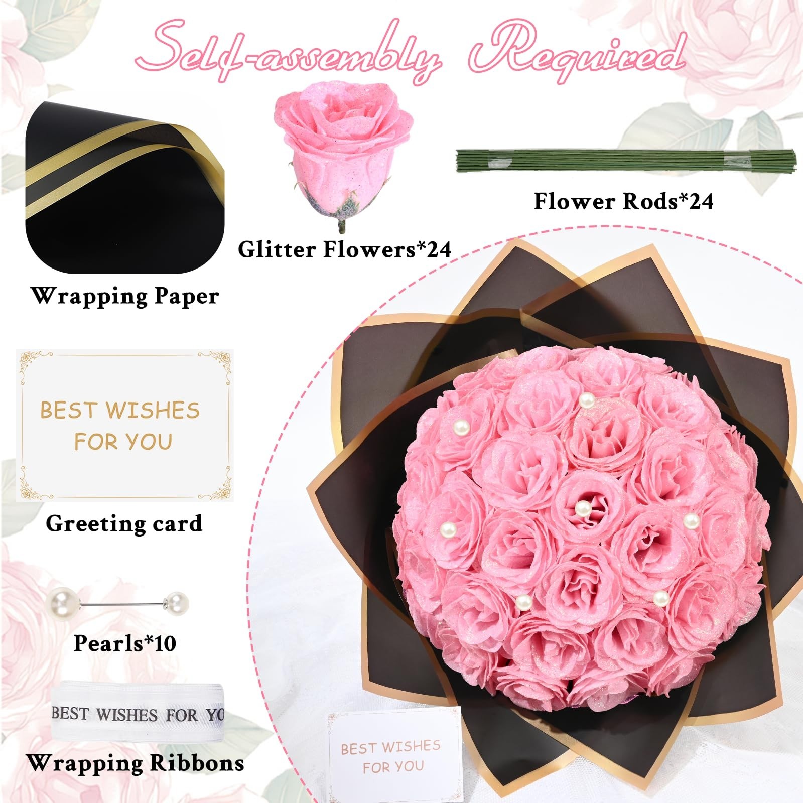 Pink Glitter Roses Bouquet – 24 Artificial Flowers for Wedding, Engagement, Vale