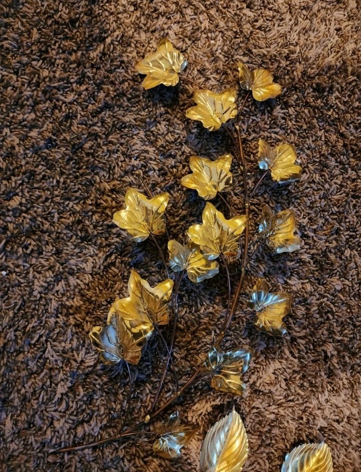 Vintage 3 Piece Set Of Brass Leaf And Copper Rose Long Stem 14″ Floral Wall Art