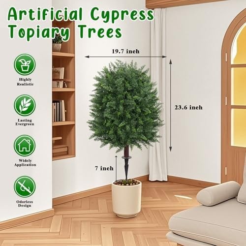 Artificial 28.7 Inches Cedar Topiary Trees with Ground Spike, 2 Pieces Fake Pine