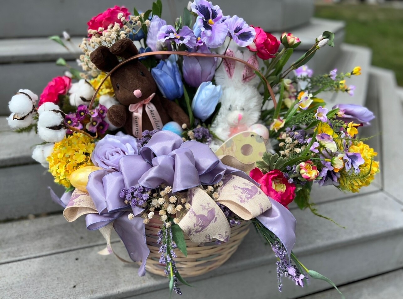 Stuffed Chocolate And White Bunny Gift Easter Basket Silk Pansies Cotton Stems