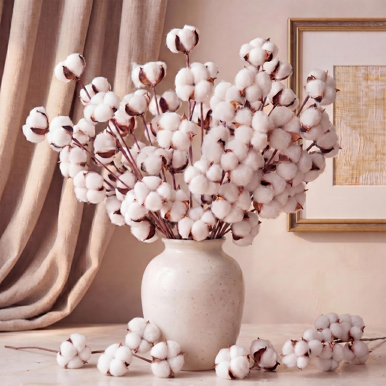24 Pcs Natural Cotton Stems with 45 Bolls, 16″ Clean Dried Cotton Branches 3 …