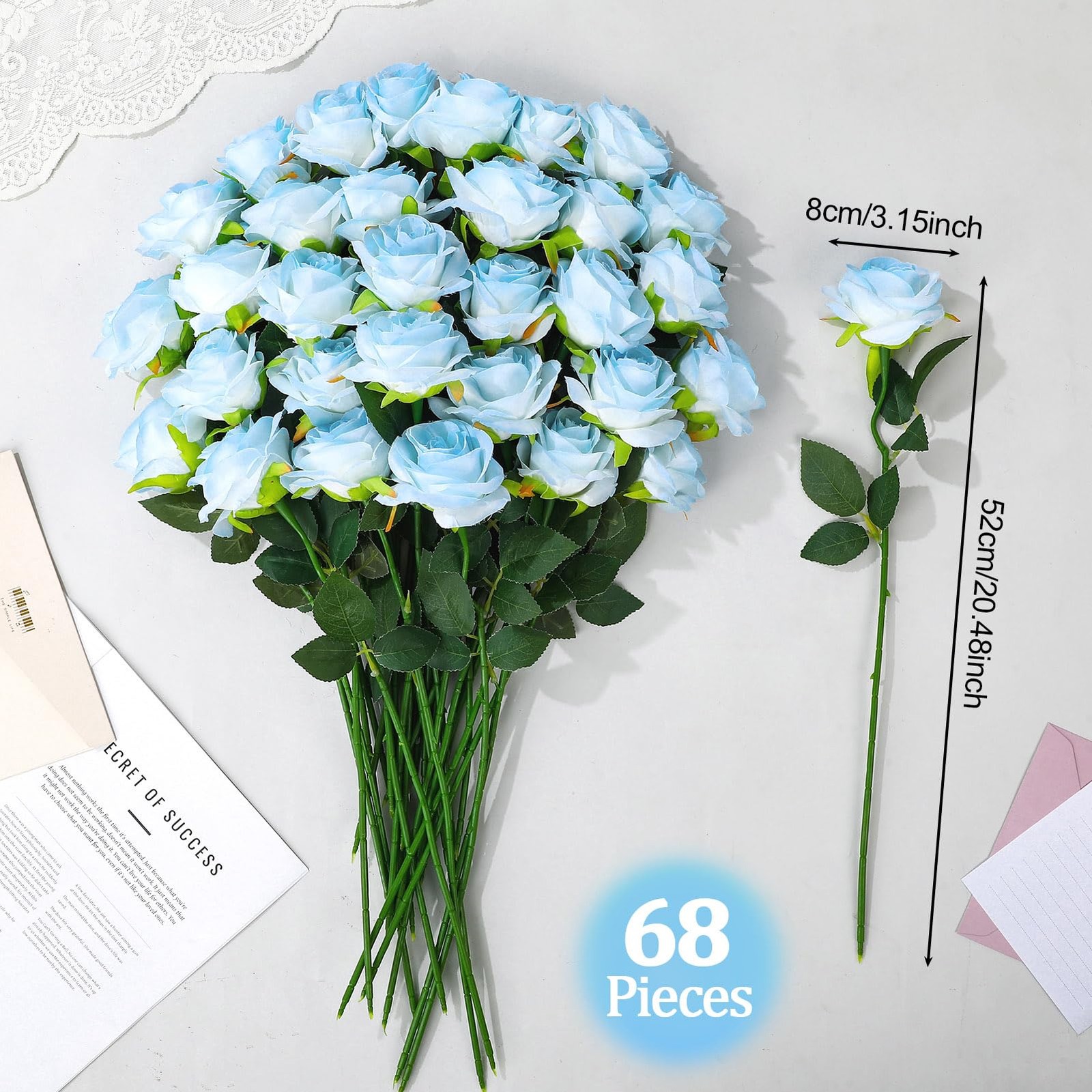 68 Pcs Ice Blue Artificial Roses Fake Flowers,Silk Flowers with Stems for DIY…