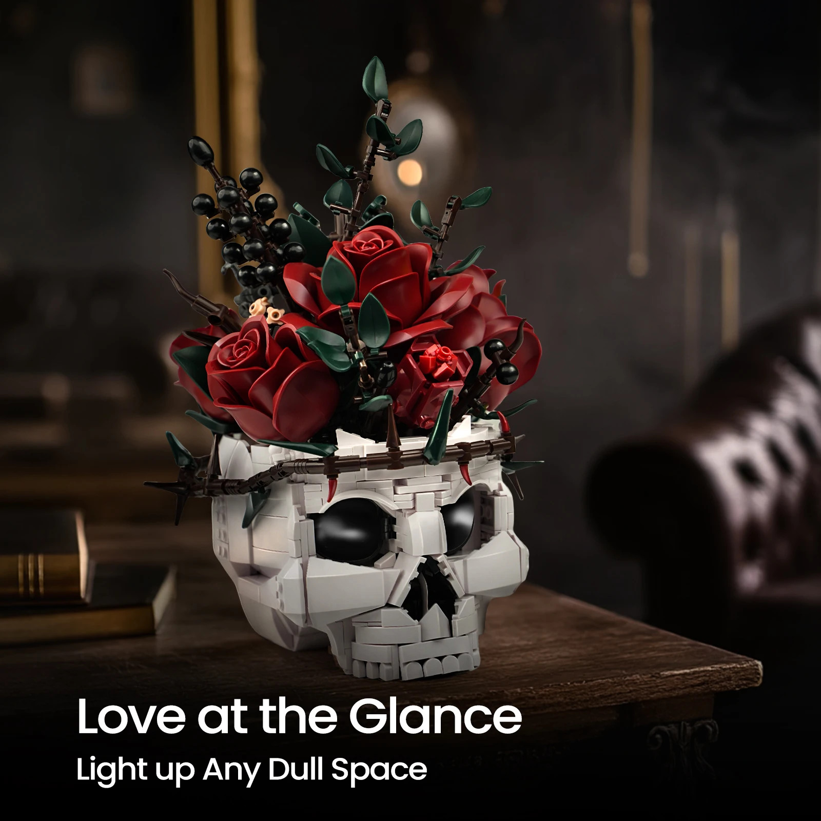 Skull Roses Bouquet Building Set Skeleton Flowers Plant Pot Blocks Horror Gothic