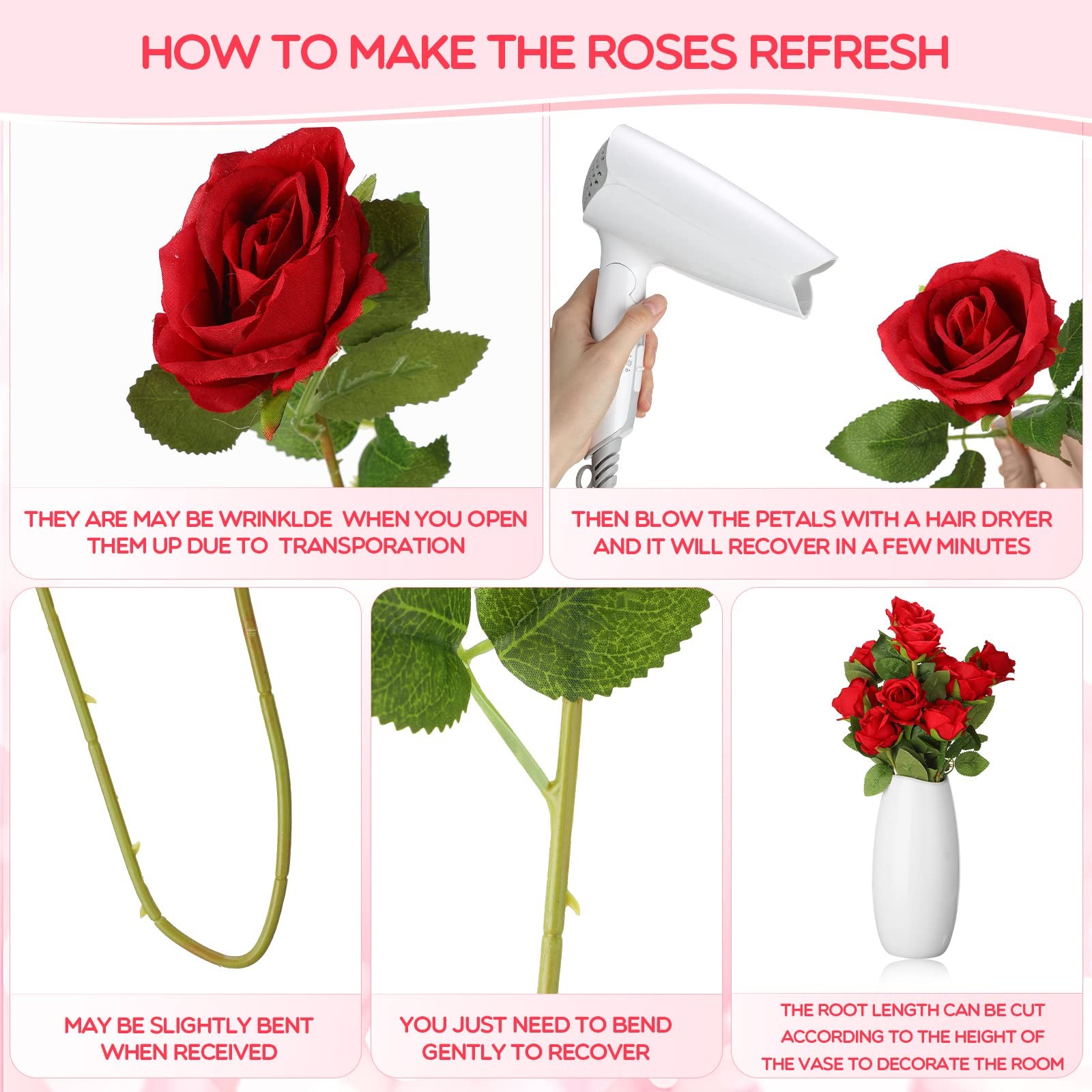 50 Pcs Artificial Rose Flower Bulk Realistic Silk Fake Roses with Long Stem P…
