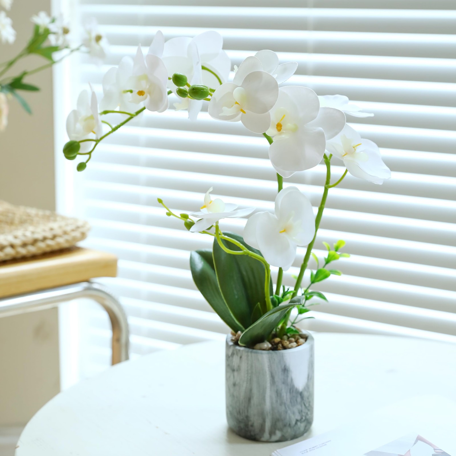 Artificial White Fake Orchids Flowers in Pot Bendable Faux Orchid Centerpiece