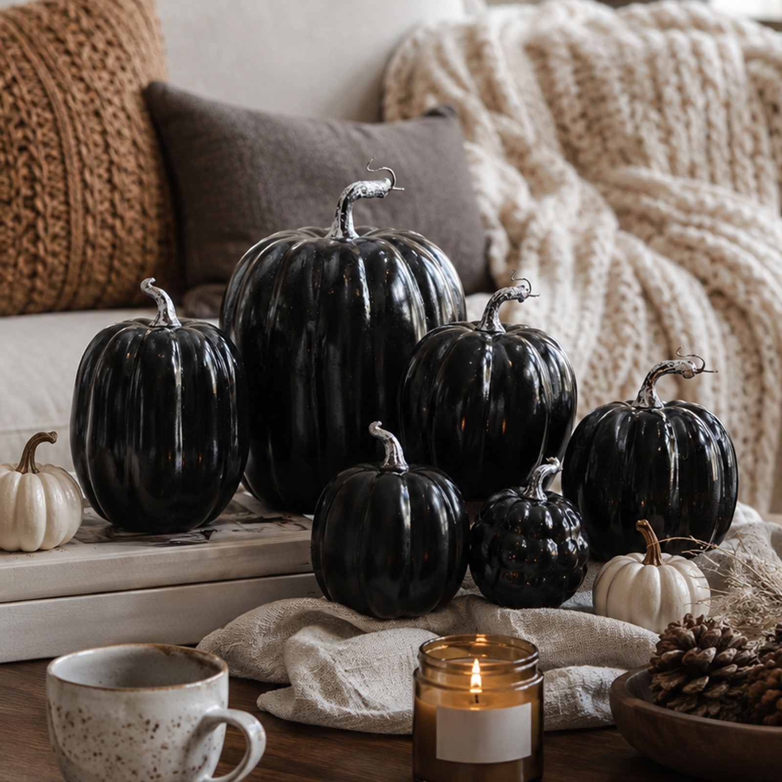 Hand Painted Speckled Foam Pumpkins 7 Pack for Mantel Tiered Tray Table Use