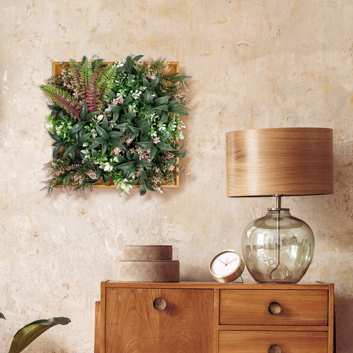 Artificial Plants Green Wall Decor with Square Wooden Frame 12in, Dark Green