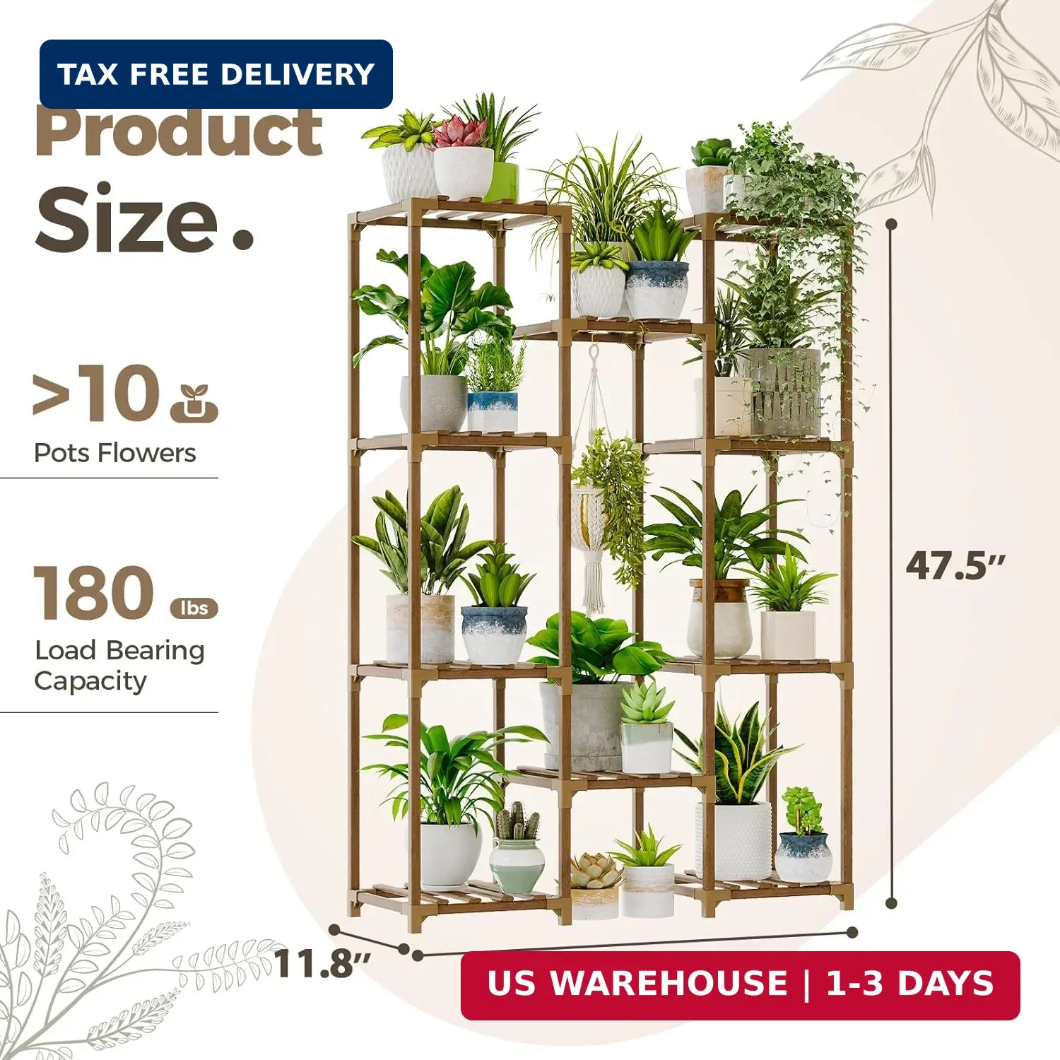 Bamworld Plant Stand Indoor Outdoor Tall Plant Shelf for Multiple Plants Pots Wo
