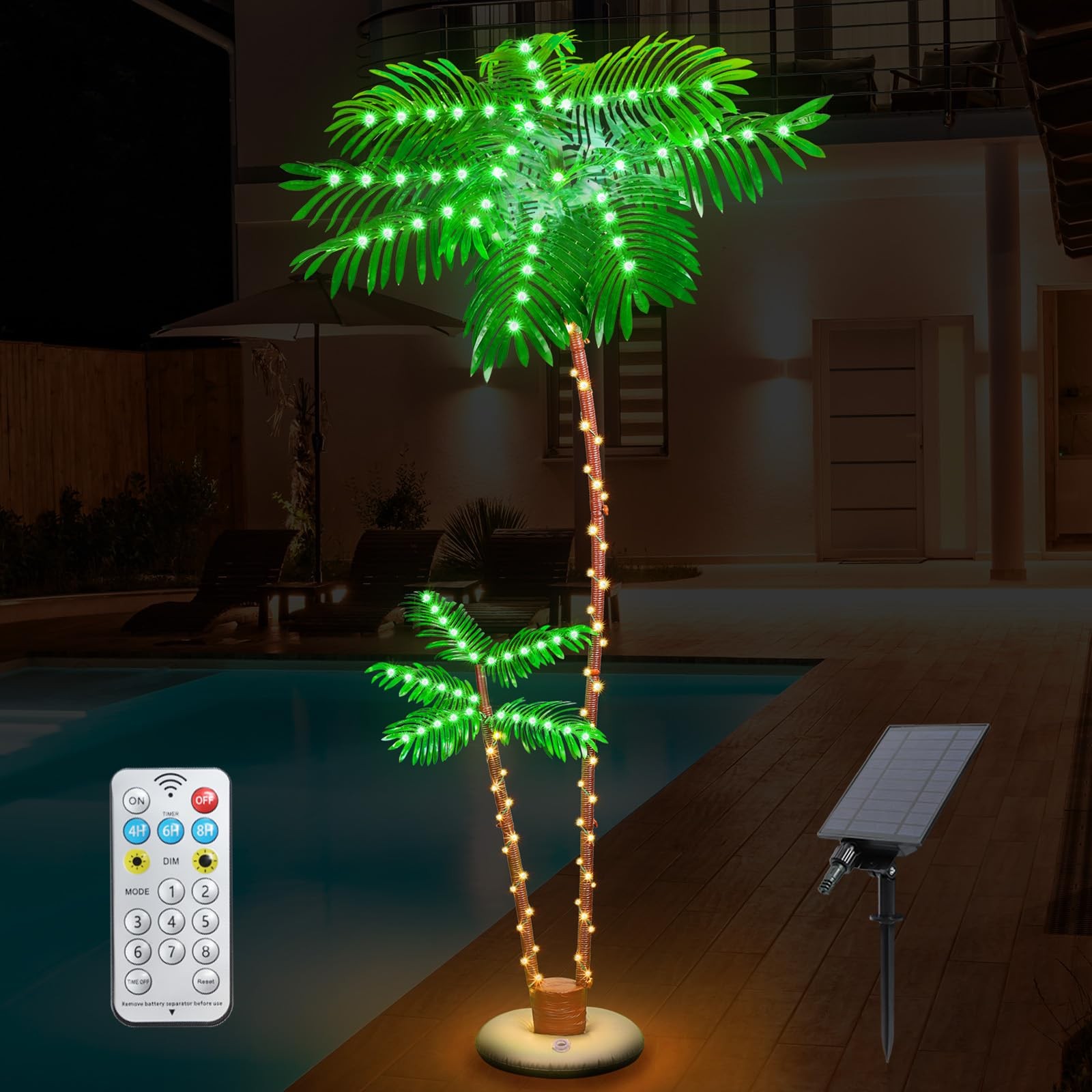 7FT Dual Trunk Solar Palm Tree 8 Modes Remote Control Timer Waterproof LED Outdo