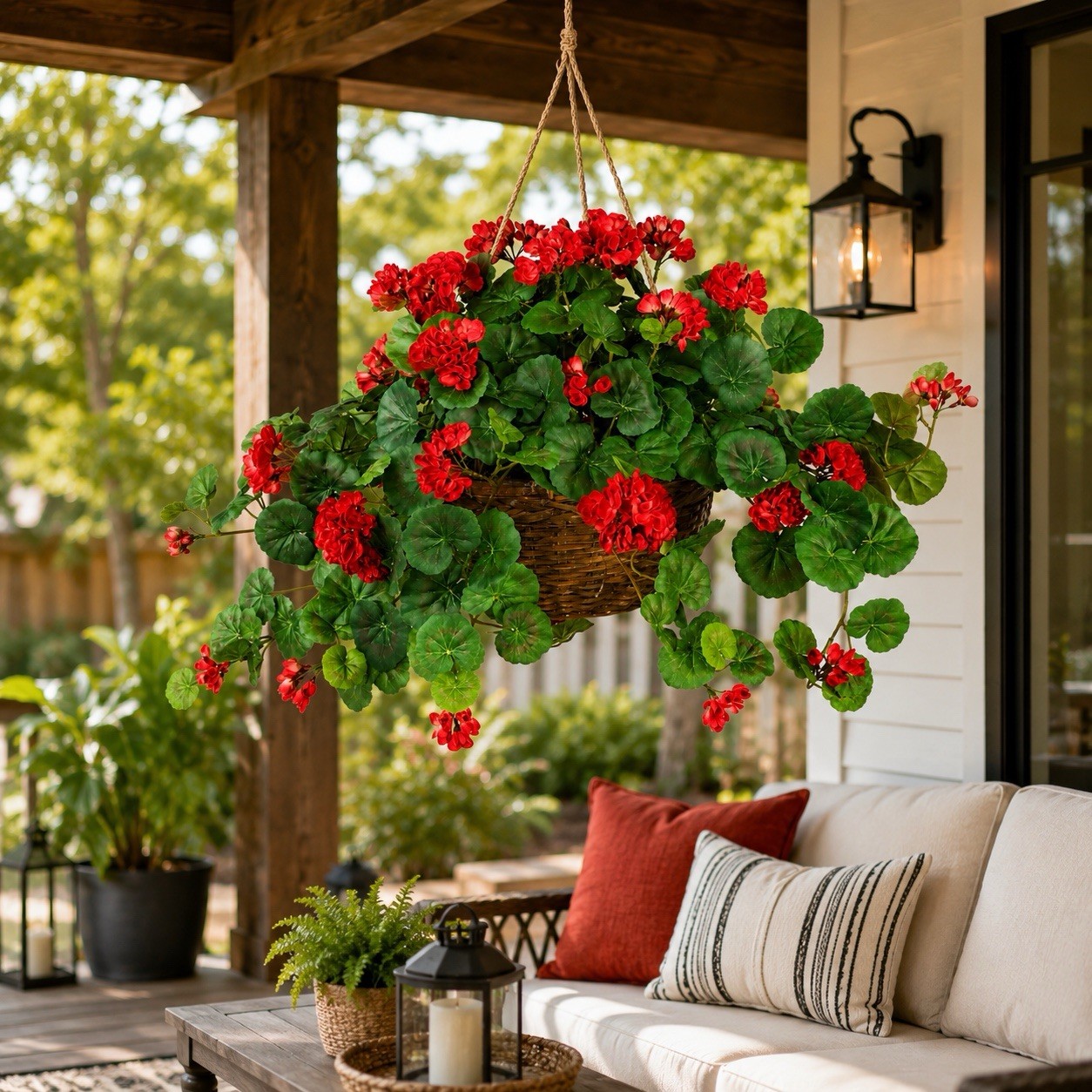 24″ Artificial Flowering Geranium Plant in Hanging Basket Home Decor