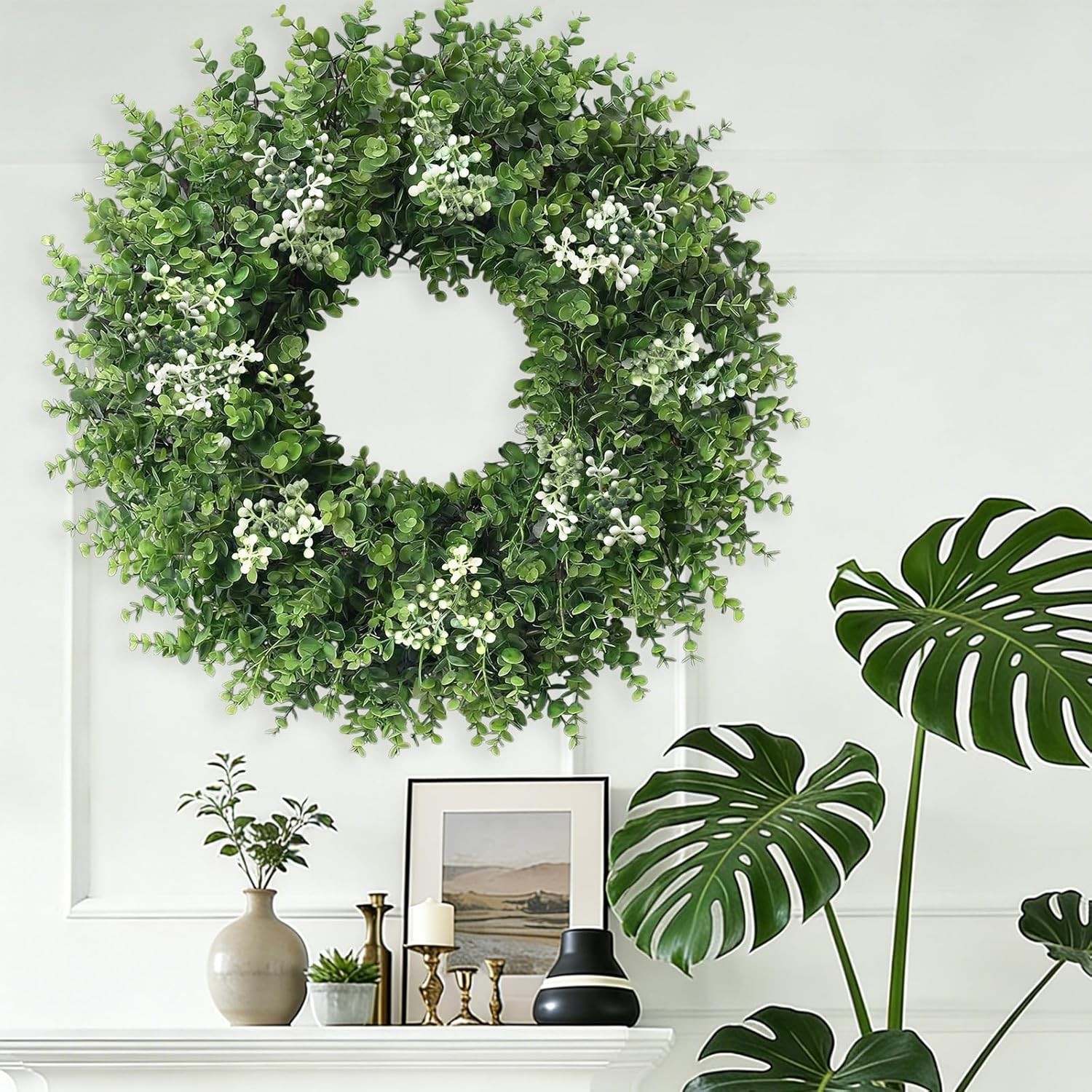 Large Green Boxwood Wreath for Front Door All Season Outdoor Indoor Home Decor