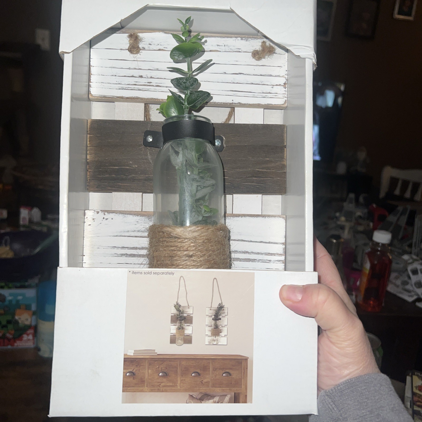 Farmhouse Rustic Wooden Artificial Plant In Bottle, Hanging Plaque, New In Box