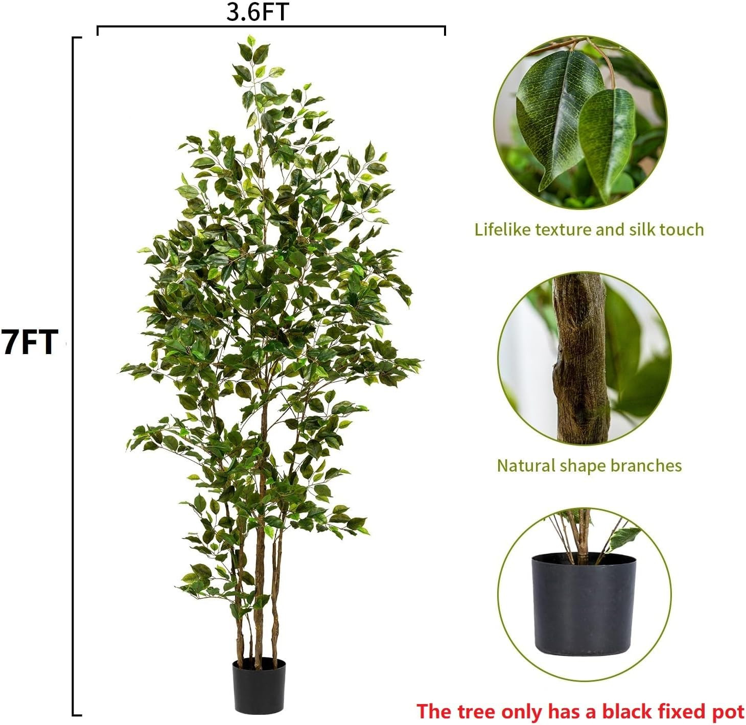 Artificial Ficus Tree Indoor 7Ft, Large Potted Faux Tree with Realistic Silk Lea