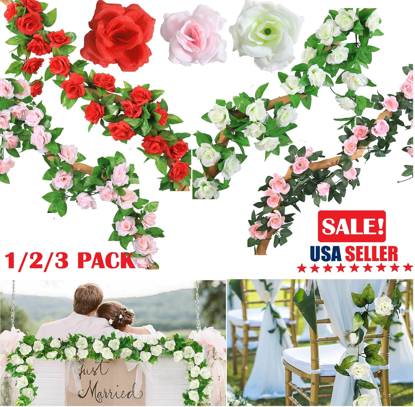 3 × Fake Rose Vine Flowers Plants Artificial Hanging Ivy Home Party 7.5 Ft USA