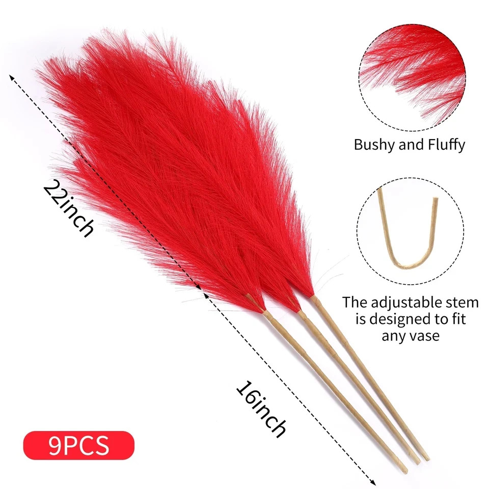 9 Stems Red Pampas Grass – 38 Inch Tall Fluffy Faux Pampas Grass Decor Long A…