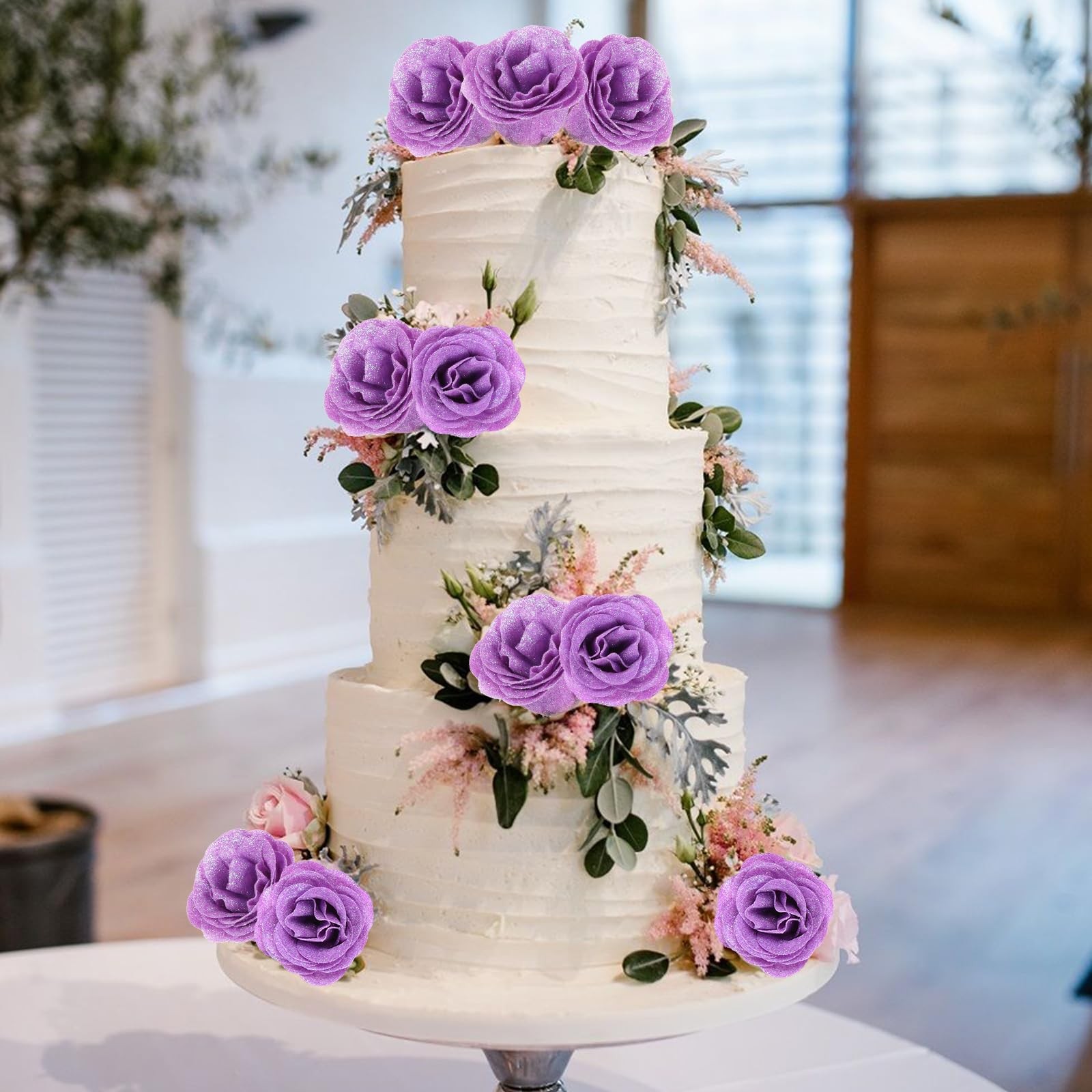 Rzoukler 30PCS Purple Glitter Roses Artificial Flowers Fake 12 inches,