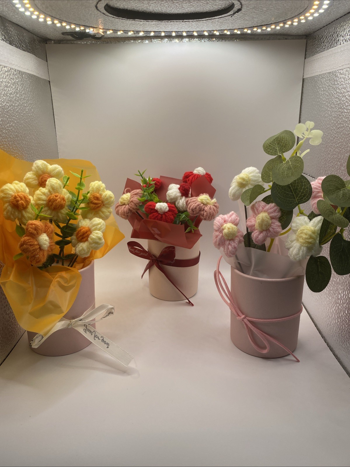 Crochet Flower Bouquet Handmade Yarn Artificial Flower (pink, Red, or Yellow)