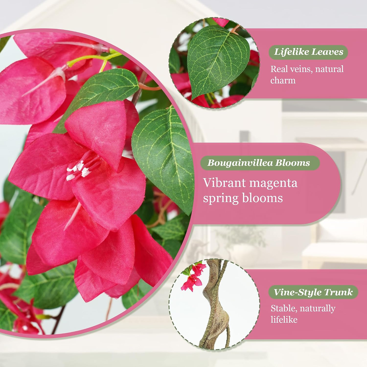 4FT Artificial Bougainvillea Tree with Realistic Pink Silk Flowers, Tall Faux Fl