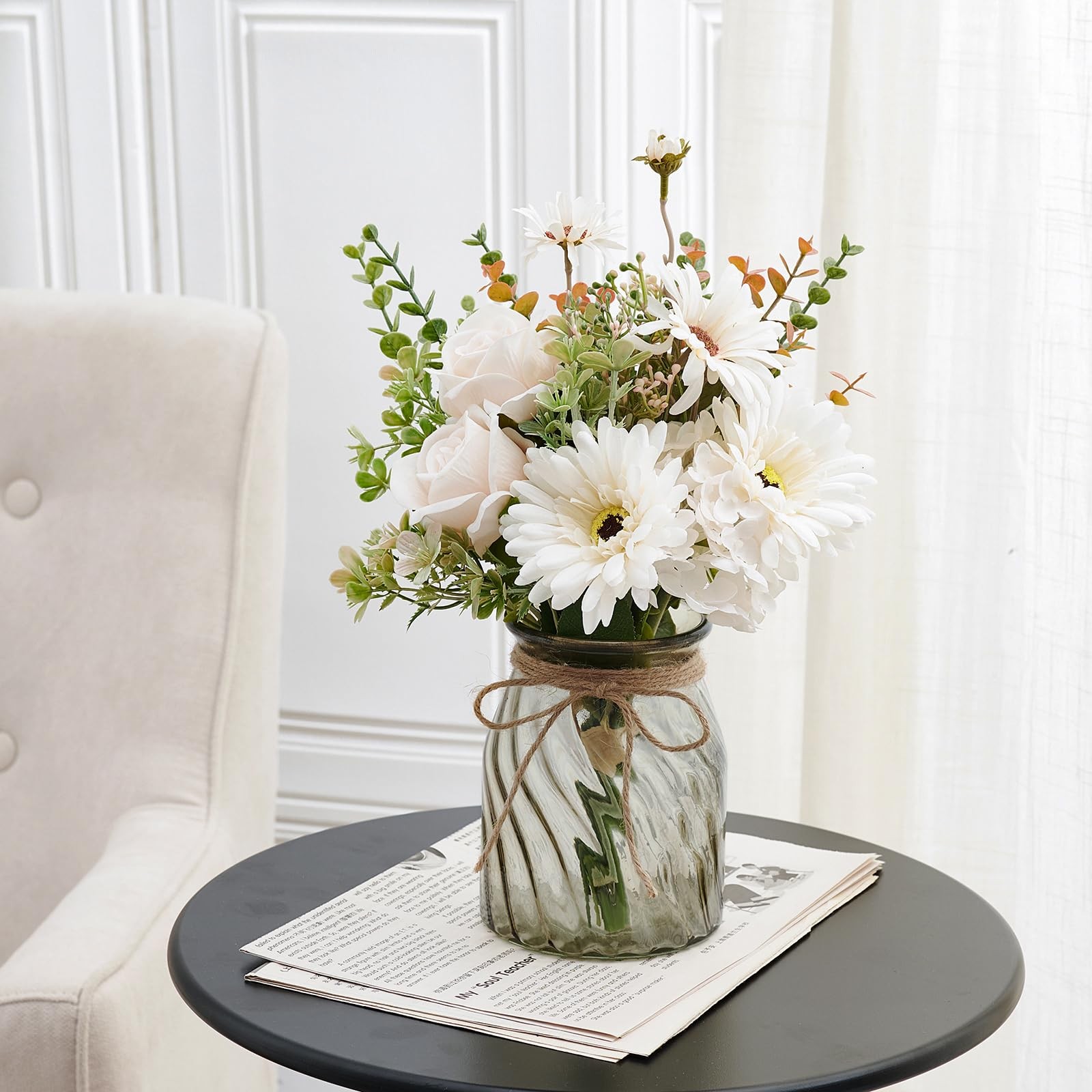 Artificial Daisy Rose Fake Flowers In Vase Faux Silk Plant Centerpiece Decor
