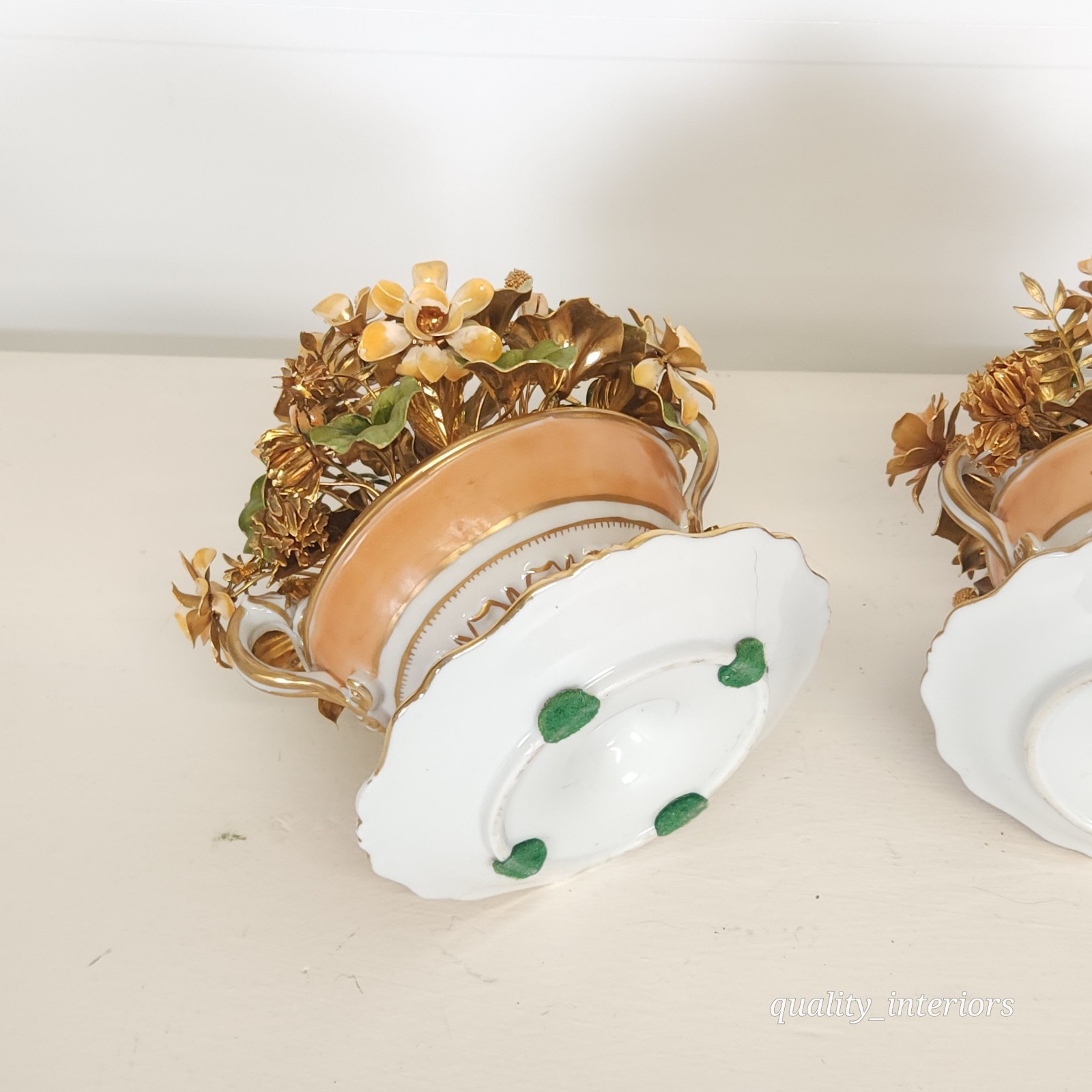 Pair Jane Hutcheson for Gorham Apricot Teacup & Saucer Floral Arrangement