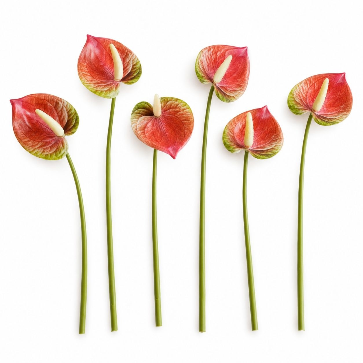 Pink Cream Green Artificial Anthurium Stems Set of 6, 11 Inch Faux Tropical Flow