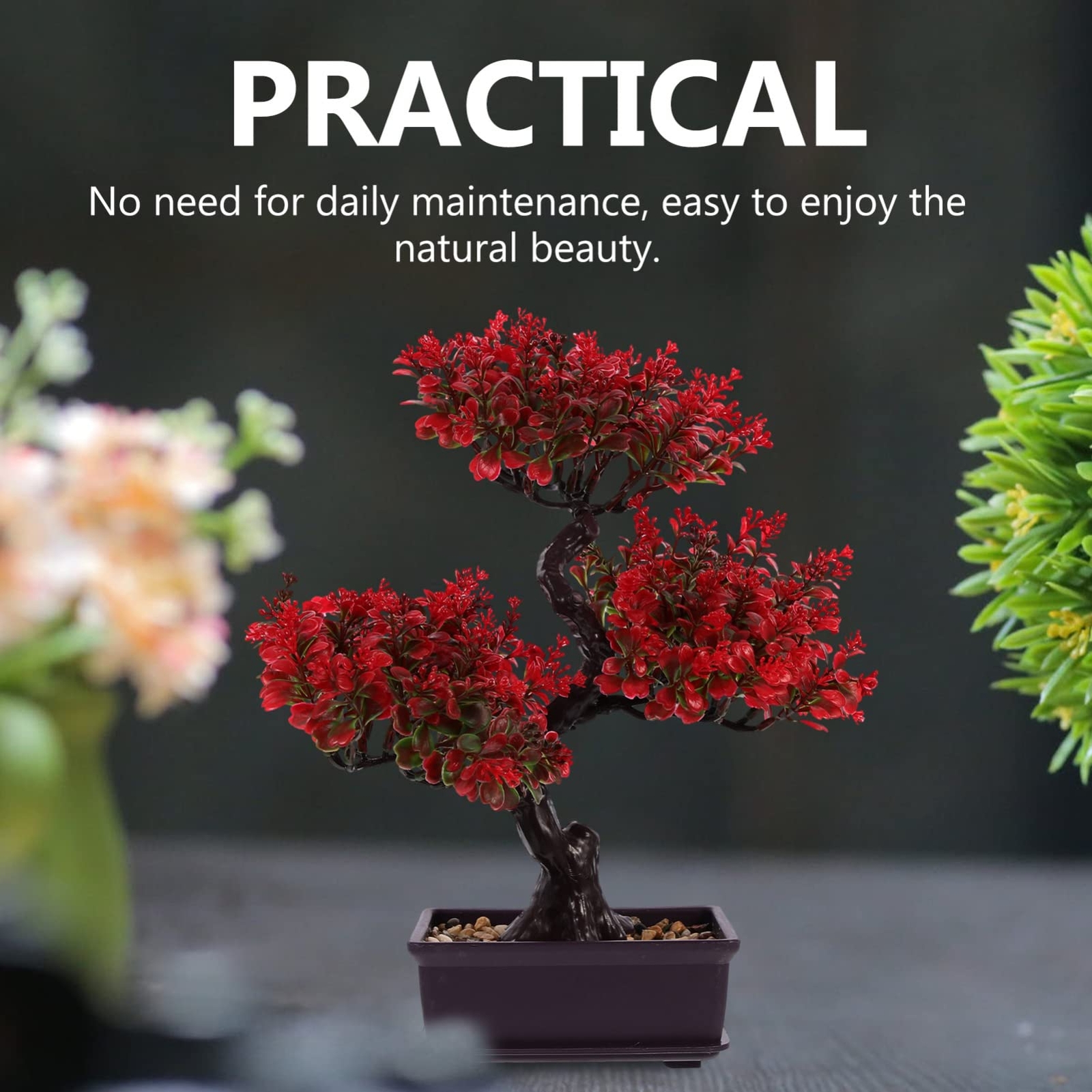 Home Decor Artificial Bonsai Tree Red Small Fake Plants Decor Indoor Faux Pot…